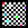 A static grid of 10x10 black-and-white checkered squares with six colored pixels: red top-left, gray second row, blue third row, cyan fourth row, green fifth row, purple sixth row.