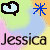nine pixelated icons with the name "Jessica" in various colors, each paired with a speech bubble and star symbol that change color across frames