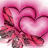 Pixelated pink and white heart-shaped design with layered overlapping curves on a gradient background.