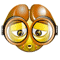 Yellow cartoon face with brown hair and goggles showing multiple expressions including closed eyes, wide eyes, and smiling with braces.