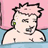 Pixelated cartoon character with spiky black hair, closed eyes, and a green earpiece against pink and blue background.