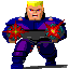 Pixelated character with blonde hair and red eyes in blue-purple armor holding a large black weapon, two versions show slight pose differences.