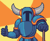 Pixel art character in blue armor with silver horns and orange accents giving a thumbs-up gesture against yellow-orange background.