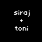 Pixelated text 'siraj' and 'toni' with a plus sign, arranged in four variations on black background with pink rectangular overlays.