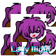 Pixel art character with purple hair in pigtails, red lips, and brown clothing; text 'Lady Night' below the figure.
