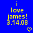 Blue background with yellow pixelated text reading 'i love james! 3.14.08' and a small heart symbol below.