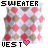 pixelated icons showing a patterned garment with pink and brown diamond shapes, text reading "SWEATER" and "VEST" with a pink heart symbol, and varying text color changes