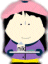 Animated cartoon character with pink beret, purple jacket, yellow pants holding tray; expression shifts from neutral to smiling with blush on cheeks.