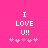 Pink background with white text "I LOVE U!!" and five pink hearts below, where the leftmost heart is darker than the others.