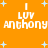 Orange background with light blue plus signs; white pixelated text 'I LUV Anthony' repeated in four quadrants.