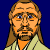 Pixelated character with long brown hair and beard, wearing light robe against dark blue background holding green lightsaber in various positions.