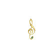 Animated sequence of golden treble clefs with green gem accents, each surrounded by small yellow triangular particles on a gray background.