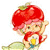 Pixelated cartoon character with red hair and a strawberry-shaped head wearing a red scarf, holding a flower-like object on a white background.