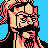 Pixelated 48x48 static icon of a bearded man with glasses against blue background, rendered in peach, black, and pink tones.