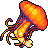 Pixelated jellyfish with orange and yellow bell, purple tentacles, black outlines on gray background.