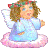 Pixelated angel with curly brown hair, blue eyes, and a flower crown sits on a pink cloud in light blue robe.