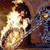 Pixelated image of a figure in motion with a bright light effect, set against a blurred background with warm and cool tones.