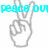 Pixelated hand icon with extended index finger pointing right, overlaid by cyan text reading "PEACE OUT" on white background.