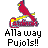 Pixelated red bird with yellow beak and blue eye perched on a colorful abstract shape, below text reading "Alla way Fujols!!" in blocky font.