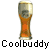 Pixelated image of a tall glass filled with amber liquid and foam, below which is the text 'Coolbuddy' in blocky font.