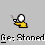 A static image shows a yellow-shirted figure holding a smoking pipe with white smoke, surrounded by floating white fragments on a gray background. The text "Get Stoned" repeats below the figure in black letters.