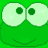 Green cartoon frog face with large white eyes and dark green pupils, smiling expression on solid green background.