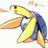 A 48x48 pixel animated contact sheet showing two frames of a yellow and blue cartoon character with orange accents running left-to-right against a white background, alongside black-and-white text reading "Anime IM" and "com" on the right frame.