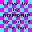 Pixelated text on a cyan and magenta checkerboard background with visible lines, showing repeated phrases in dark brown letters