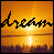 Animated contact sheet showing six sequential frames of a sunset scene with the word 'dream' overlaid in black script, featuring subtle vertical line artifacts and varying brightness across frames.