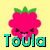 Pixelated pink fruit character with green leafy top and smiling face, turquoise text 'Toula' below on yellow background.