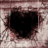 Animated sequence of a black heart shape with tangled dark lines on a light pinkish background, showing subtle color shifts in vertical lines.