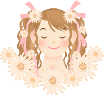 Pixelated cartoon girl with brown hair, pink bows, and white daisies, wearing a flower crown, closed eyes on left, open eyes on right.