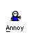 Pixelated character in blue shirt with white face and black outline, left arm extended, standing above 'Annoy' text on gray background.