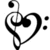 Black and white heart-shaped musical note design with two identical vertical repeats on a white background.