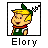 Pixel art buddy icon of a cartoon character with yellow hair, green hat, red scarf, and green overalls against white background with "Elory" text below.