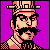 Pixel art portrait of a character with dark hair and mustache wearing a hat, set against solid purple background.