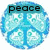Three circular blue-and-white pixelated icons with peace sign symbols, each displaying different text: "peace," "love," and "opossums." The rightmost icon is partially obscured.