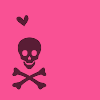 Dark maroon skull and crossbones symbol with a small heart above it on a solid pink background.