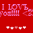 Red background with pink pixelated text "I LOVE YOU!!! <3" repeated twice, and two of white plus signs with one brown heart each