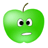 Pixelated green apple with a brown stem, white outline, and a neutral expression featuring two eyes and a straight mouth.