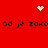 Red background with black text repeating 'bd je zakob' and white pixelated symbols including a heart, starburst, and dot cluster.