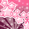 Pink star-shaped icons with white outlines float over a gradient background of pink and purple rays with small white stars.