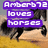 Pixelated image with purple text banners reading 'Amberb72 loves horses' over a horse and rider silhouette on a yellow-brown background.