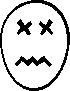 Six black-and-white pixelated oval faces on gray background display distinct expressions: X eyes with wavy mouth, wide-open mouth with small nose, grinning teeth, angry eyes with wavy mouth, crossed eyes with downturned mouth.
