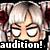 Pixelated character with silver hair and red lips displays three expressions: closed eyes with 'audition!', open mouth with 'wtf!', and squinting eyes with 'ahah.'