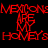 Red pixelated text repeats 'MEXICANS' and 'HONEYs' with a central 'RE' symbol on black background.