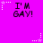 A bright pink background displays six identical 'I'M GAY!' text blocks arranged in two , each surrounded by white and pink star-shaped pixel clusters