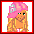 Pixel art contact sheet showing two frames of an animated buddy icon: a cartoon girl with pink hair and yellow dress on the left, and text reading "Pink Is Pimpin!!!" with butterflies on the right.