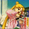 A blonde anime character in a pink outfit with blue accents performs a sequence of actions against a backdrop of Japanese text signs.