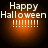 Four identical orange circular icons with white text reading 'Happy Halloween !!!!!!!!' on a black background.